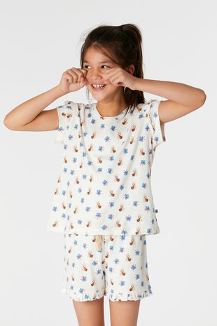 221-1-PSA-S/939 Meisjes-DamesPyjama,wit met bloemen mandril print
